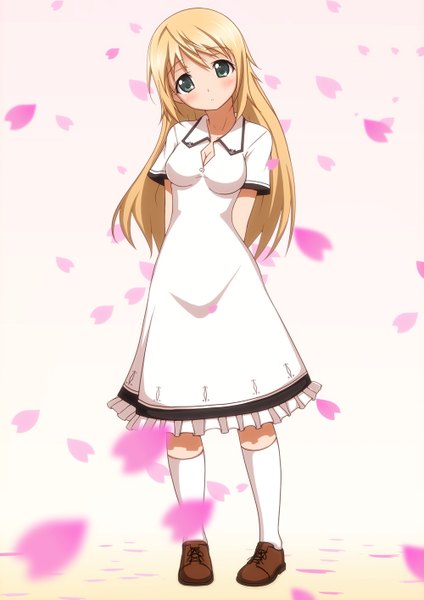 Anime picture 1000x1414 with original takamin apaman single long hair tall image looking at viewer blush blonde hair white background green eyes girl dress petals socks white socks