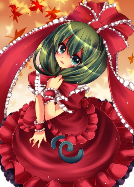 Anime picture 1294x1805 with touhou kagiyama hina single long hair tall image green eyes cleavage green hair girl dress bow hair bow leaf (leaves)