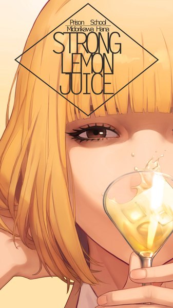 Anime picture 1080x1920 with kangoku gakuen midorikawa hana wocky single tall image looking at viewer fringe short hair simple background blonde hair holding brown eyes copyright name character names girl drink glass wall