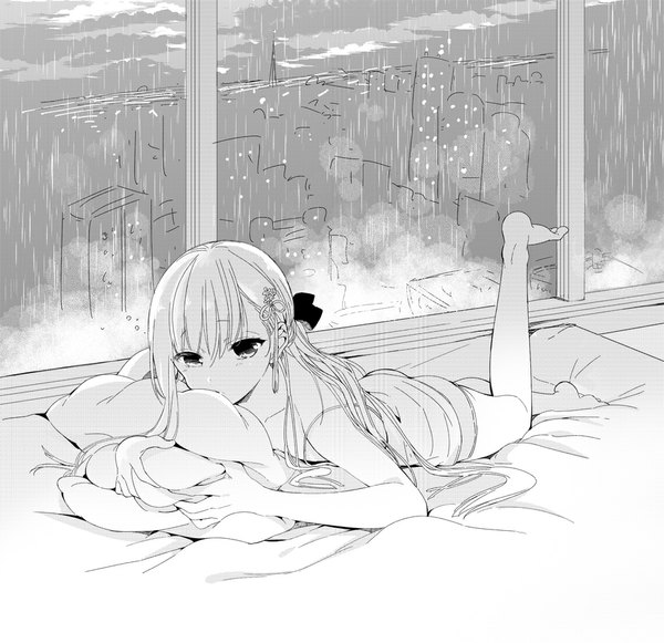 Anime picture 1000x969 with original mukuro (sakiyo cake) sakiyo cake single long hair tall image looking at viewer indoors lying barefoot bare legs legs monochrome rain on stomach otoko no ko boy hair ornament window pillow