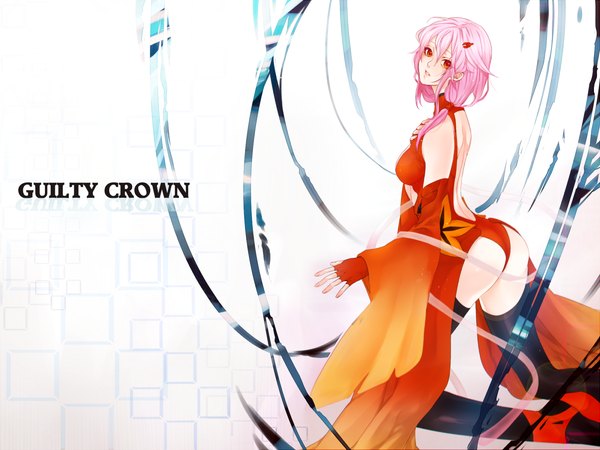Anime picture 1200x900 with guilty crown production i.g yuzuriha inori single long hair looking at viewer light erotic red eyes bare shoulders pink hair ass inscription girl thighhighs gloves hair ornament black thighhighs detached sleeves hairclip fingerless gloves
