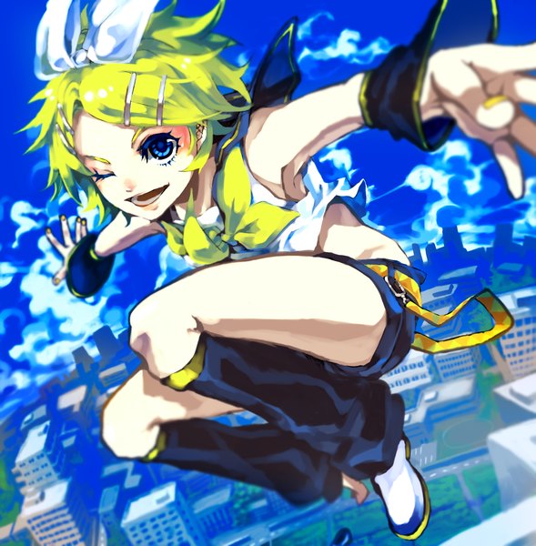 Anime picture 1400x1426 with vocaloid kagamine rin akiakane single tall image short hair open mouth blue eyes blonde hair smile bare shoulders sky cloud (clouds) nail polish one eye closed wink city jumping girl hair ornament