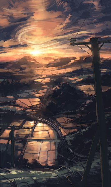 Anime picture 712x1200 with original huanxiang huifeng tall image sky cloud (clouds) wind evening sunset no people landscape scenic plant (plants) water pole