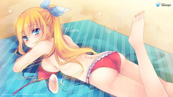 Anime picture 1920x1080 with os-tan microsoft aizawa hikaru long hair highres breasts blue eyes light erotic blonde hair wide image ponytail barefoot back girl bow swimsuit hair bow bikini red bikini