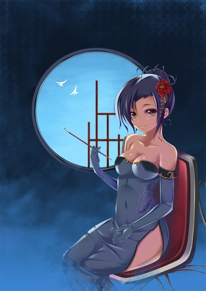 Anime picture 1000x1416 with original iroha (unyun) single tall image looking at viewer short hair light erotic black hair sitting bare shoulders brown eyes girl dress gloves hair ornament elbow gloves
