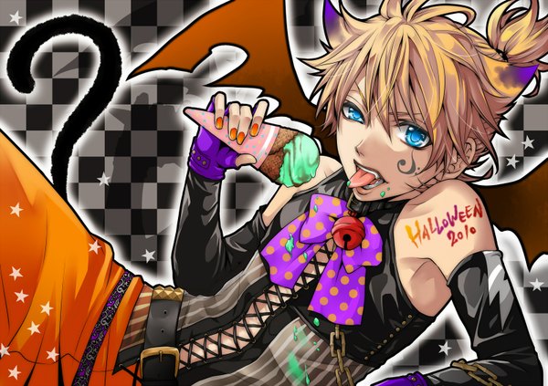 Anime picture 1600x1130 with vocaloid kagamine len hakuseki single blonde hair animal ears nail polish animal tail tattoo halloween bat wings checkered background orange nail polish 2010 boy gloves bow detached sleeves wings food