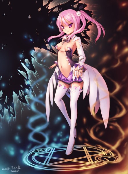 Anime picture 1400x1900 with elsword aisha landar ecell (artist) single long hair tall image blush breasts light erotic smile purple eyes pink hair girl dress navel