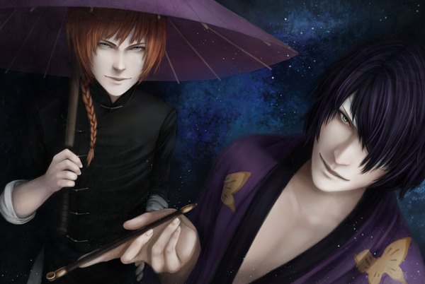 Anime picture 3000x2011 with gintama sunrise (studio) takasugi shinsuke kamui (gintama) tagme (artist) long hair looking at viewer highres short hair blue eyes green eyes purple hair braid (braids) traditional clothes japanese clothes orange hair realistic single braid chinese clothes bandage over one eye