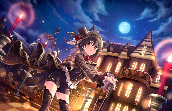 Anime picture 1280x824 with idolmaster idolmaster cinderella girls idolmaster cinderella girls starlight stage kohinata miho annindoufu (oicon) single looking at viewer fringe short hair hair between eyes brown hair brown eyes sky cloud (clouds) night official art night sky bittersweet time girl thighhighs