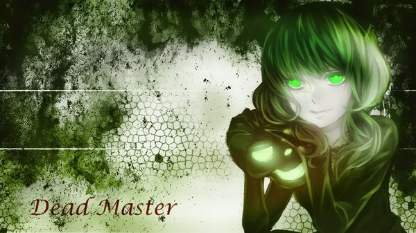 Anime picture 1366x768 with black rock shooter dead master single long hair looking at viewer smile wide image green eyes horn (horns) green hair inscription girl dress skull