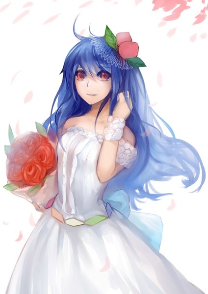 Anime picture 992x1403 with touhou hinanawi tenshi zhuagui single long hair tall image looking at viewer fringe simple background smile red eyes white background bare shoulders blue hair wedding girl dress hair ornament flower (flowers) petals