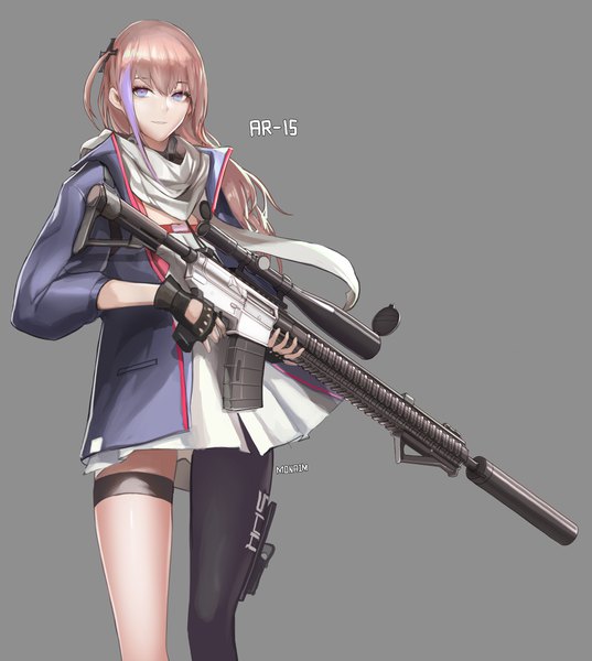 Anime picture 3745x4184 with girls frontline st ar-15 (girls frontline) monaim single long hair tall image fringe highres simple background hair between eyes standing purple eyes holding signed pink hair absurdres purple hair multicolored hair grey background two-tone hair