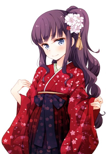Anime picture 2420x3500 with new game! doga kobo takimoto hifumi tokunou shoutarou single long hair tall image looking at viewer highres blue eyes simple background smile purple hair traditional clothes japanese clothes hair flower wide sleeves floral print wavy hair girl