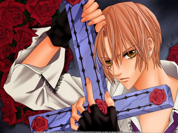 Anime picture 2048x1536 with uragiri wa boku no namae wo shitteiru j.c. staff giou yuki sakurai yuki highres short hair blonde hair yellow eyes vector partially open clothes boy gloves flower (flowers) fingerless gloves rose (roses) collar cross