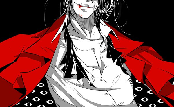 Anime picture 1100x680 with hellsing alucard (hellsing) bakusyuu single black hair wide image open clothes open shirt black background monochrome pale skin partially open clothes vampire eyes boy shirt blood cloak