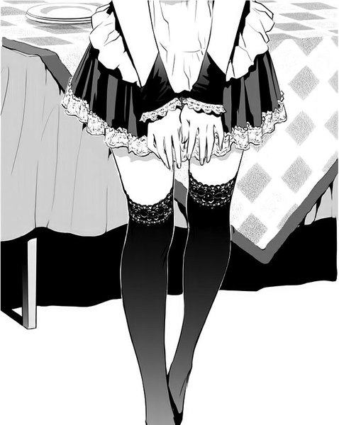 Anime picture 657x825 with the breaker jin-ie kwon single tall image standing indoors scan maid zettai ryouiki monochrome girl thighhighs uniform black thighhighs apron table
