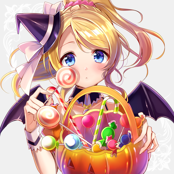 Anime picture 1100x1100 with love live! school idol project sunrise (studio) love live! ayase eli satoimo chika single long hair looking at viewer blush fringe blue eyes blonde hair holding upper body ponytail grey background :o halloween girl hat