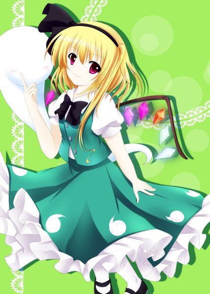 Anime picture 2591x3624 with touhou flandre scarlet konpaku youmu myon iris yayoi single tall image highres short hair blonde hair pink eyes cosplay ghost konpaku youmu (cosplay) girl dress wings hairband bowtie crystal