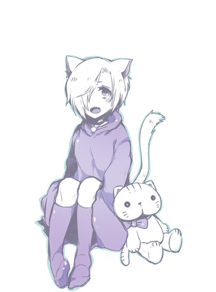 Anime picture 595x801 with idolmaster idolmaster cinderella girls shirasaka koume yoshiharu (pixiv 4369206) single tall image blush fringe short hair open mouth simple background white background animal ears tail animal tail cat ears hair over one eye cat tail no shoes monochrome