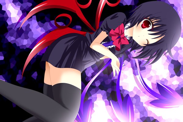 Anime picture 1700x1133 with touhou houjuu nue stigma1101 single highres short hair black hair red eyes one eye closed wink girl thighhighs bow black thighhighs wings