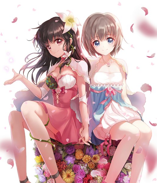 Anime picture 772x900 with original moai (aoh) long hair tall image looking at viewer fringe short hair breasts blue eyes black hair smile white background sitting multiple girls cleavage head tilt pink eyes hair flower grey hair outstretched arm