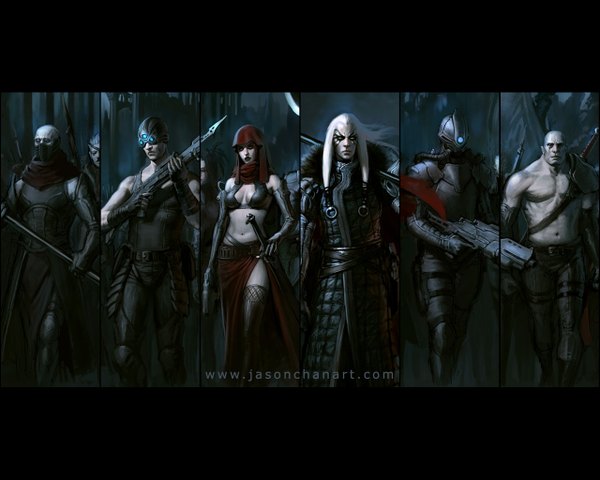Anime picture 1280x1024 with jason chan long hair white hair inscription multiple boys group multiview muscle face paint white eyes column lineup bald girl thighhighs boy gloves weapon black thighhighs sword elbow gloves
