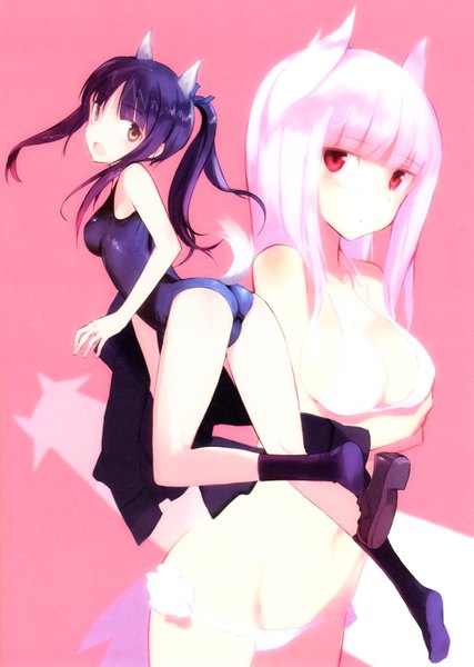 Anime picture 4463x6272 with strike witches heidimarie w schnaufer hattori shizuka shimada fumikane long hair tall image looking at viewer fringe highres light erotic simple background standing bare shoulders brown eyes pink hair absurdres purple hair ponytail pink eyes scan