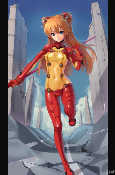 Anime picture 1600x2428 with neon genesis evangelion rebuild of evangelion evangelion: 2.0 you can (not) advance gainax soryu asuka langley fkey single long hair tall image blue eyes orange hair destruction girl spear pilot suit road