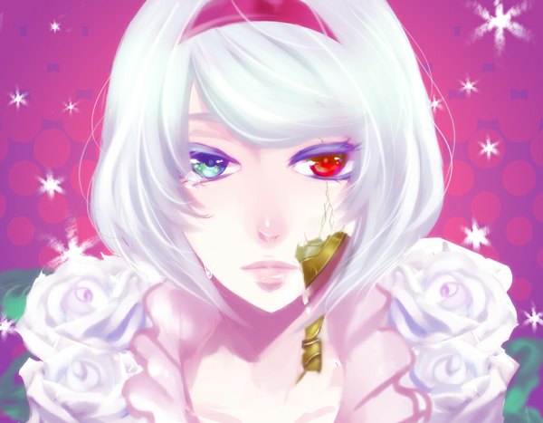 Anime picture 1024x798 with tiger & bunny sunrise (studio) cis (tiger & bunny) single fringe short hair blonde hair tears heterochromia close-up girl rose (roses) robot