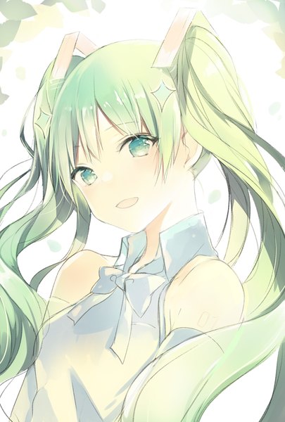 Anime picture 600x888 with vocaloid hatsune miku lpip single long hair tall image looking at viewer blush fringe open mouth smile twintails bare shoulders green eyes green hair happy girl gloves bow elbow gloves