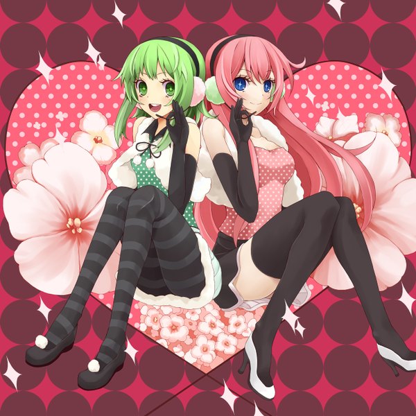 Anime picture 1300x1300 with vocaloid happy synthesizer (vocaloid) megurine luka gumi tawara hiryuu (artist) long hair short hair blue eyes smile multiple girls green eyes pink hair green hair girl thighhighs flower (flowers) black thighhighs 2 girls pantyhose heart