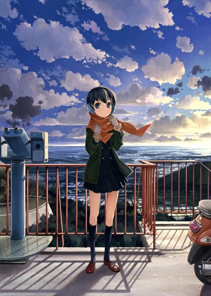 Anime picture 600x842 with original domo1220 single tall image fringe short hair blue eyes black hair smile sky cloud (clouds) from above wind sunlight open clothes open jacket shadow girl gloves water