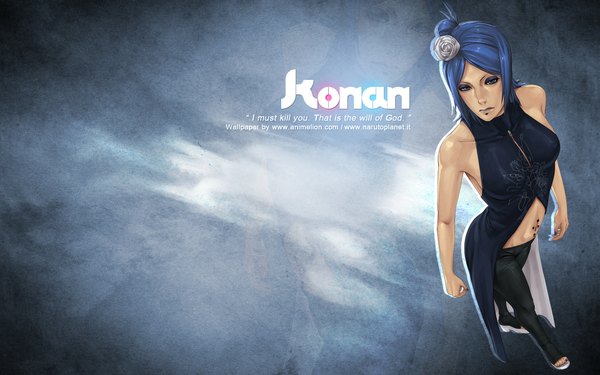 Anime picture 1920x1200 with naruto studio pierrot naruto (series) konan single highres short hair blue eyes simple background wide image bare shoulders blue hair hair flower inscription piercing akatsuki girl hair ornament