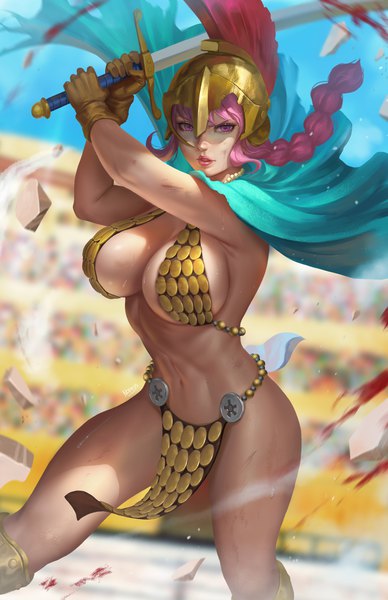 Anime picture 3300x5100 with one piece toei animation rebecca (one piece) nopeys single long hair tall image looking at viewer highres breasts light erotic large breasts holding payot pink hair absurdres cleavage outdoors braid (braids) parted lips