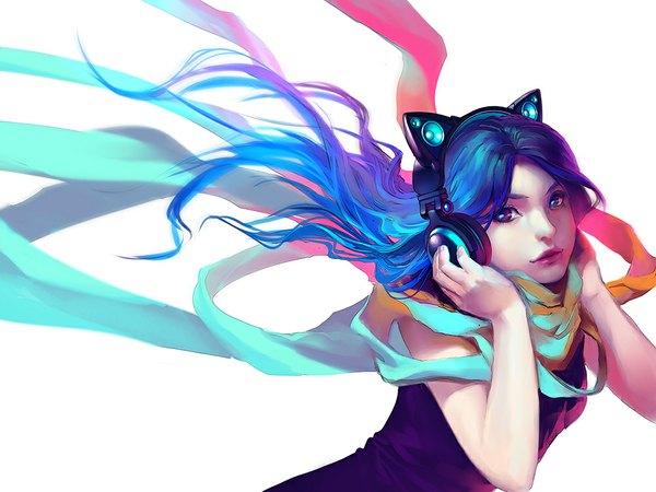 Anime picture 1000x750 with original axent wear headphones yuumei single long hair looking at viewer simple background standing white background animal ears blue hair pink eyes wind lips cat ears hand on headphones girl headphones scarf cat ear headphones