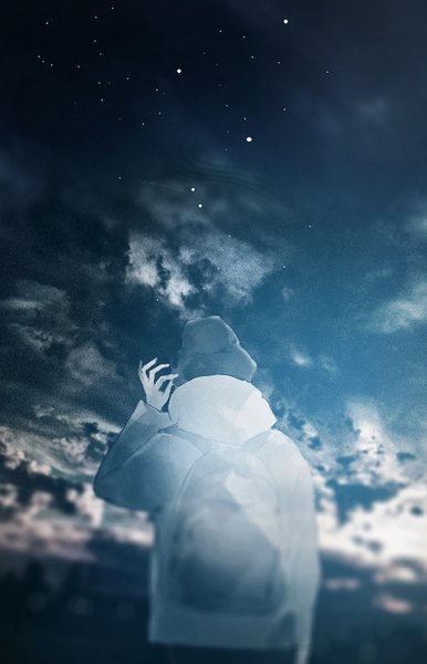 Anime picture 800x1242 with original parel (artist) single tall image standing cloud (clouds) outdoors arm up from behind boy jacket hood star (stars) cap backpack