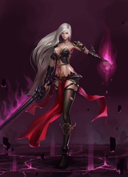 Anime picture 2433x3347 with dungeon and fighter female slayer (dungeon and fighter) midfinger22 single tall image looking at viewer highres breasts light erotic smile red eyes cleavage white hair very long hair bare belly midriff huge breasts magic glowing glowing weapon