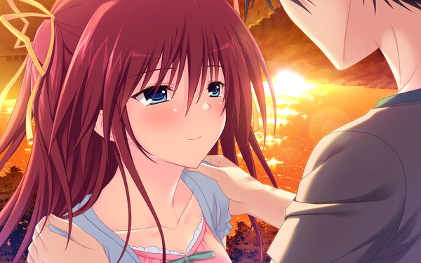 Anime picture 1280x800 with zutto tsukushite ageru no! aridome mao long hair blush blue eyes wide image game cg red hair tears evening sunset girl ribbon (ribbons) hair ribbon