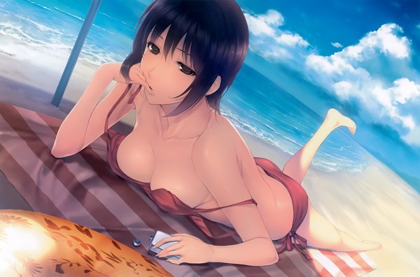 Anime picture 4000x2653 with kara no shoujo innocent grey touko mizuhara sugina miki single looking at viewer highres short hair breasts light erotic black hair brown eyes absurdres sky cloud (clouds) full body outdoors lying sunlight scan