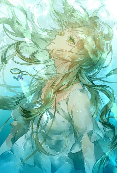 Anime picture 1181x1748 with original tayuya1130 single long hair tall image blonde hair brown hair yellow eyes green hair sunlight tears underwater girl dress bow water pendant clock pocket watch