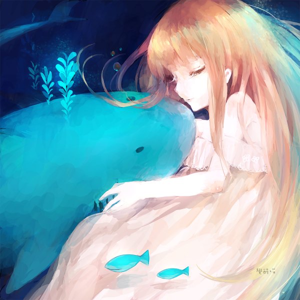 Anime picture 1200x1200 with original juexing (moemoe3345) long hair blonde hair eyes closed underwater girl water sundress bubble (bubbles) fish (fishes)
