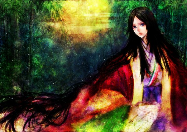 Anime picture 1800x1274 with original sasaki ryou single looking at viewer highres blue eyes black hair very long hair japanese clothes lips sad girl plant (plants) tree (trees) fan