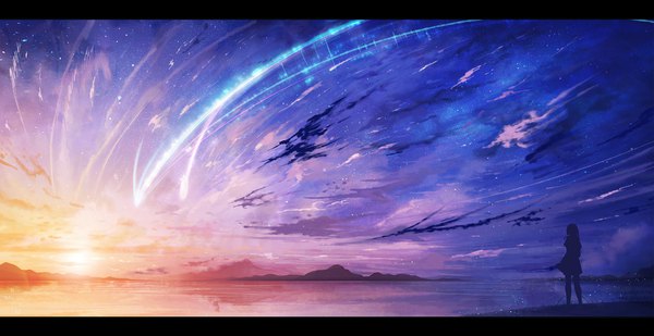 Anime picture 2000x1032 with kimi no na wa miyamizu mitsuha kirimimi single highres wide image standing signed sky cloud (clouds) outdoors from behind night night sky lens flare evening reflection sunset letterboxed horizon