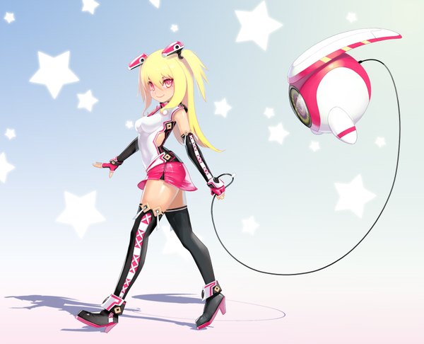 Anime picture 1600x1296 with pangya spika (pangya) kamdia (artist) single long hair looking at viewer blonde hair smile pink eyes shadow two side up girl gloves hair ornament miniskirt elbow gloves star (symbol) thigh boots