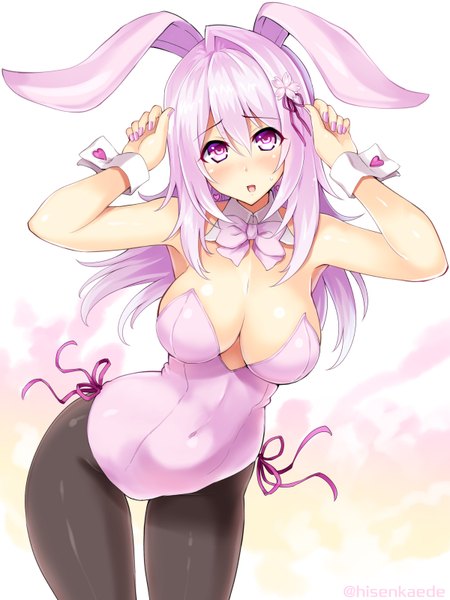 Anime picture 600x800 with cu-no yayoi sakura hisenkaede single long hair tall image blush fringe breasts open mouth light erotic hair between eyes large breasts signed animal ears cleavage purple hair nail polish pink eyes hair flower