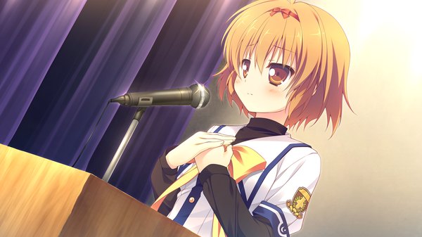 Anime picture 1280x720 with clover day's blush short hair blonde hair wide image brown eyes game cg girl uniform bow hair bow school uniform microphone