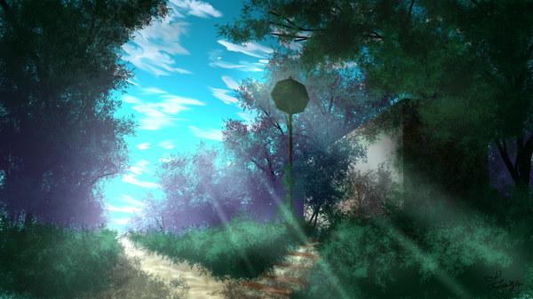 Anime picture 1920x1080 with original tsuruzen highres wide image sky cloud (clouds) sunlight no people landscape sunbeam nature plant (plants) tree (trees) forest path