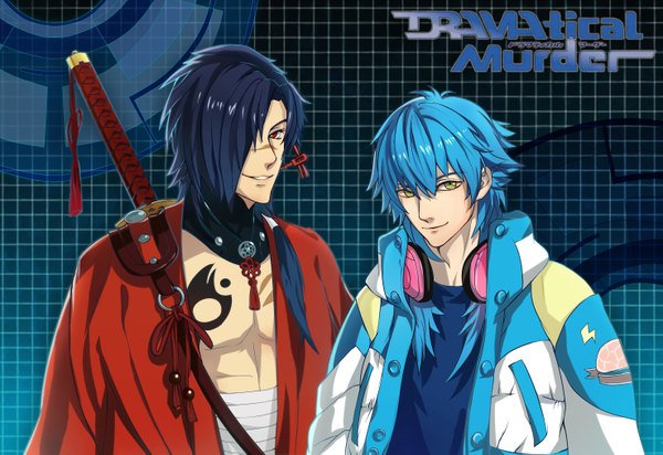 Anime picture 2952x2031 with dramatical murder nitro+chiral aoba (dmmd) koujaku tennen long hair fringe highres red eyes yellow eyes purple hair tail hair over one eye inscription tattoo text scar english weapon jacket