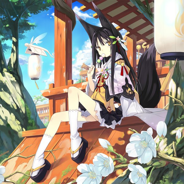 Anime picture 1100x1100 with original kuromitsu nene poco (asahi age) long hair black hair animal ears yellow eyes cat girl loli girl