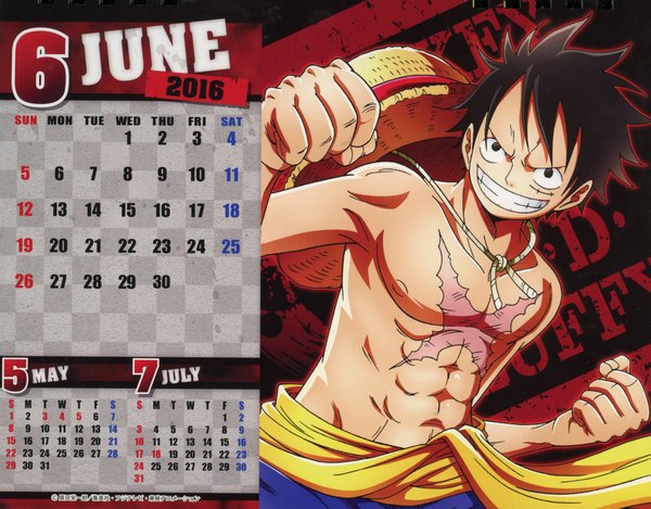 Anime picture 2323x1817 with one piece toei animation one piece body calendar 2016 monkey d. luffy single highres short hair black hair smile black eyes scan character names scar topless muscle fighting stance spiked hair calendar 2016 boy hat